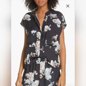 VINCE 100% Silk Peony Print Black Floral Shortsleeve Blouse | Top. Size Large 🌸